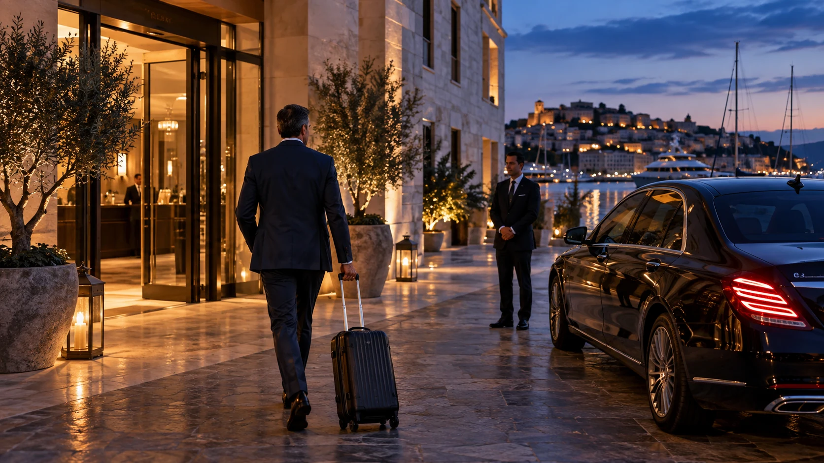 A business traveller arriving at a waterfront hotel in the evening