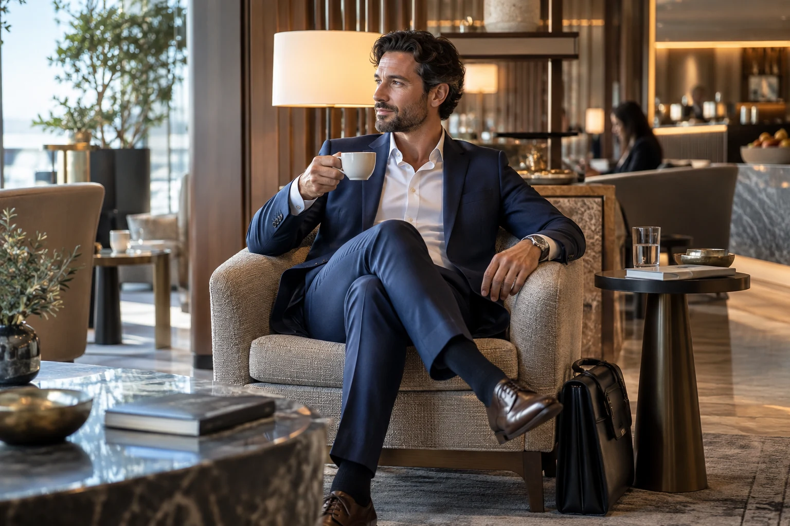 A business traveller in a quiet lounge