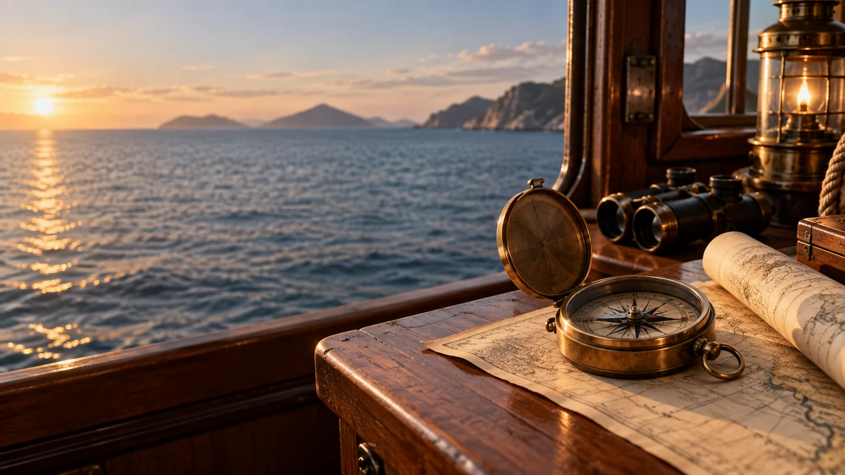 A brass navigation compass and nautical chart beside a window overlooking the sea