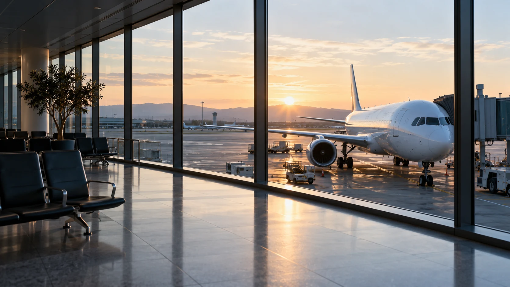 A commercial aircraft at a modern airport gate in morning light