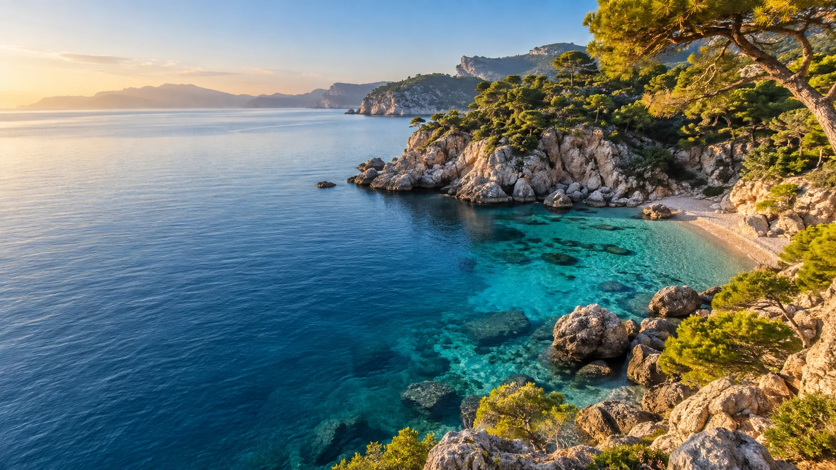 A clear Mediterranean cove surrounded by pine trees and a rocky shoreline