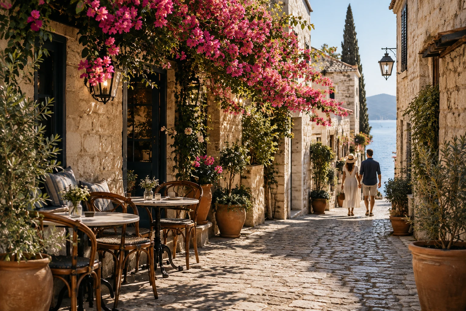 A sunlit Mediterranean stone street lined with flowers