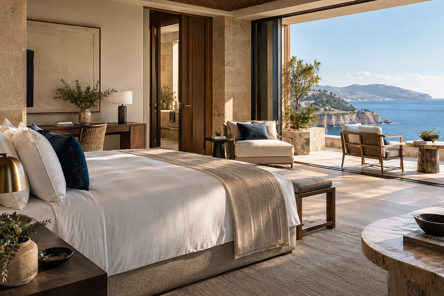 A warm contemporary suite with a sea-view balcony