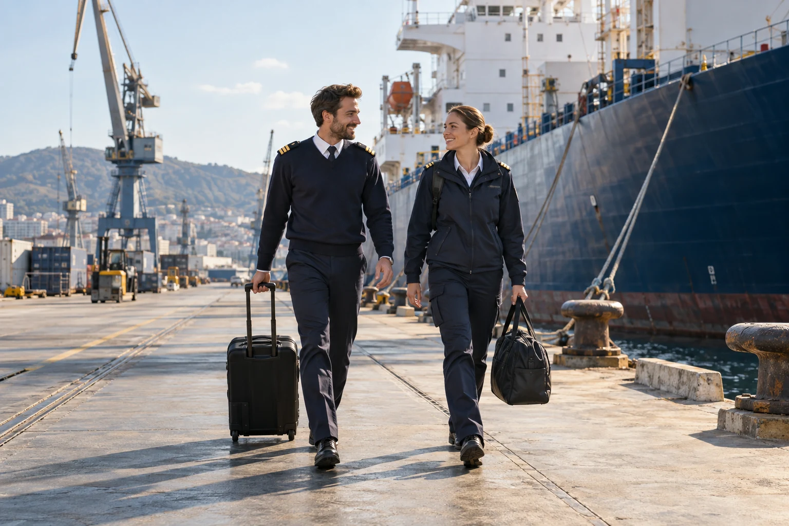 Seafarers arriving at a merchant vessel