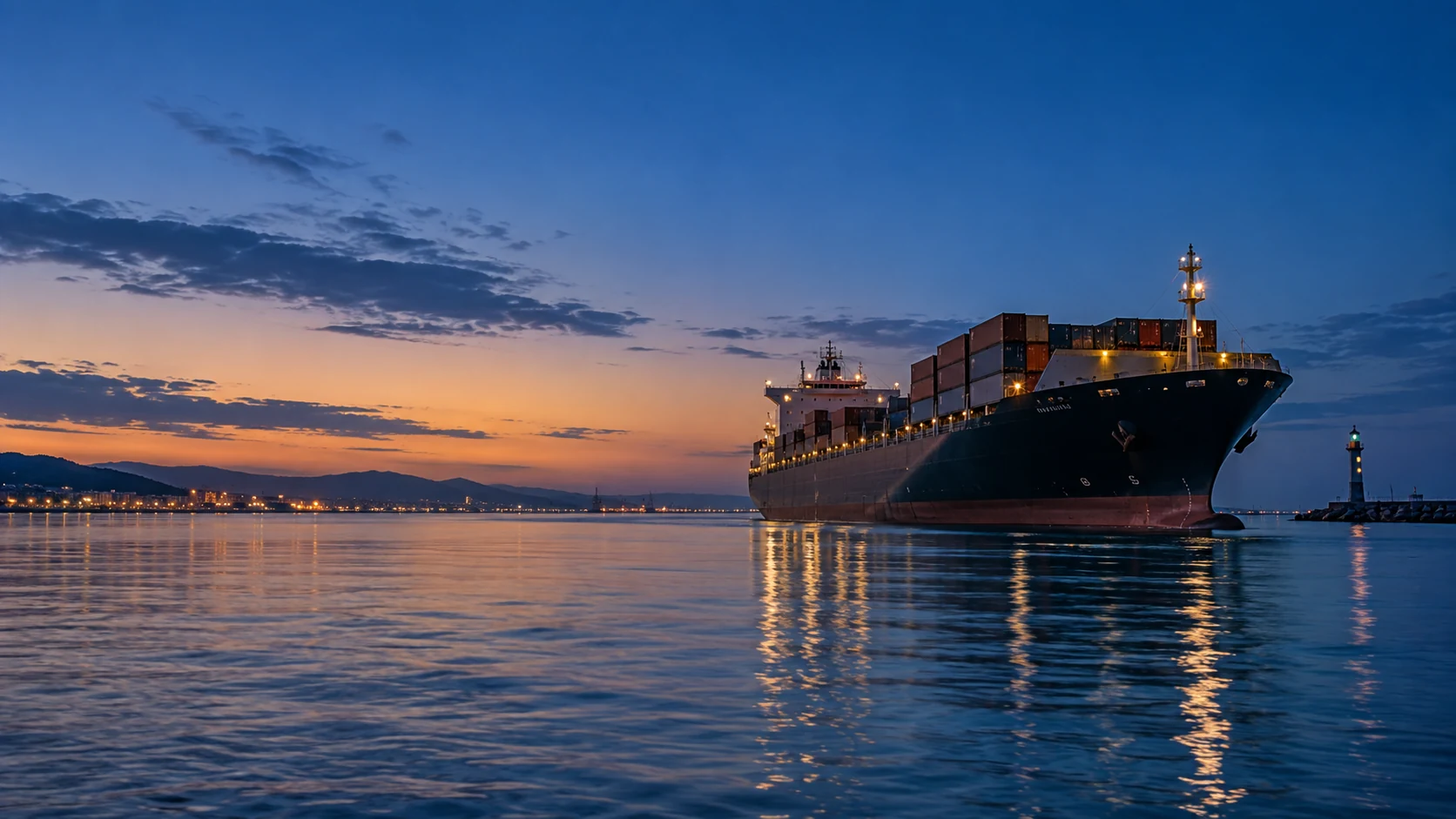 A merchant vessel entering a harbour at blue hour