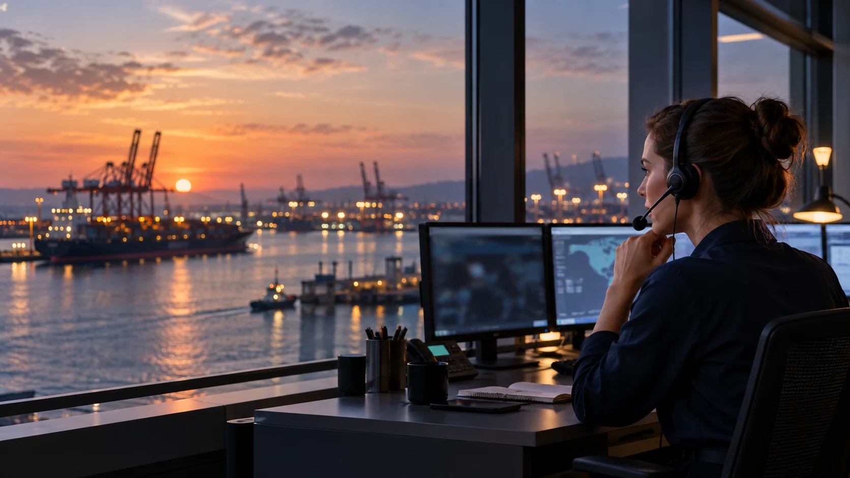 A maritime travel coordinator working beside a harbour-view window at dusk