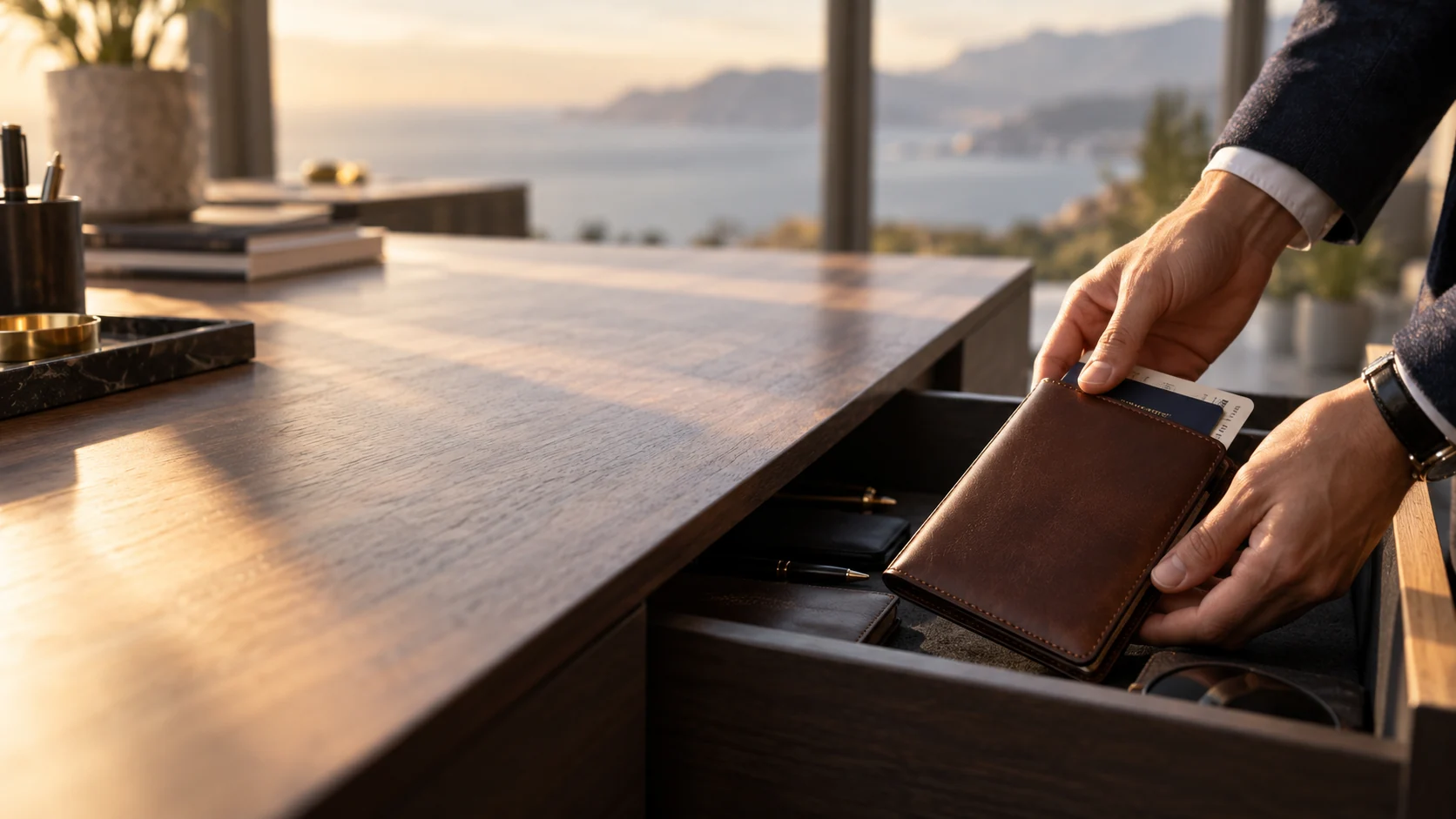 A travel document wallet being placed in a desk drawer