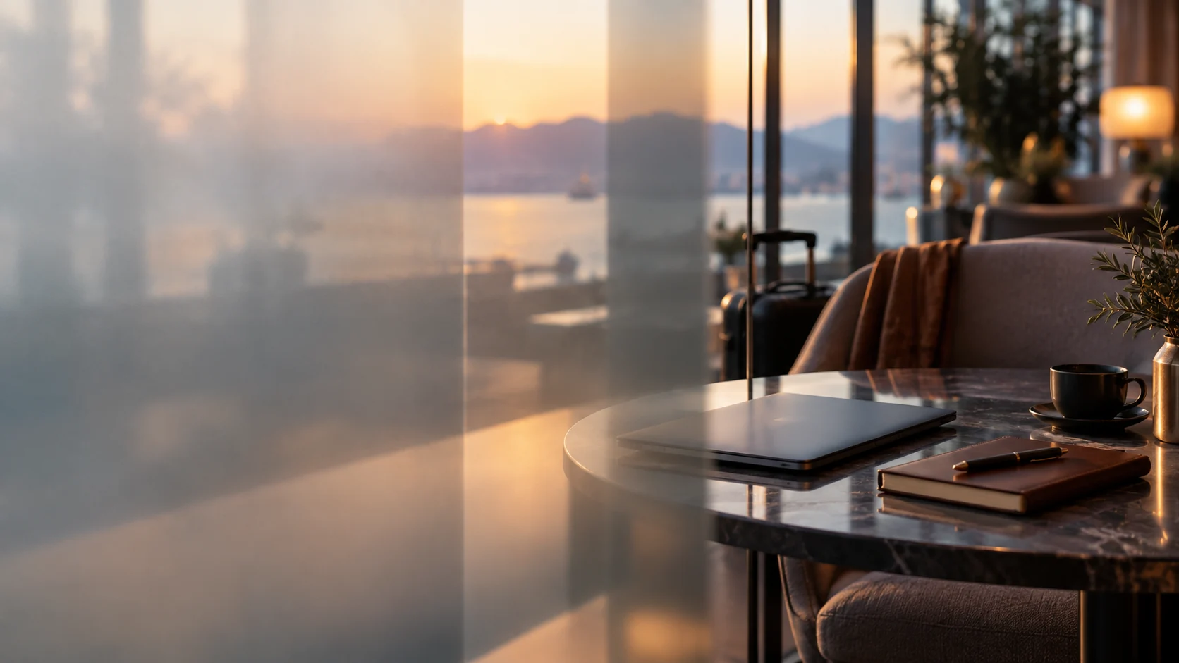 A quiet travel workspace seen through frosted glass in a modern lounge